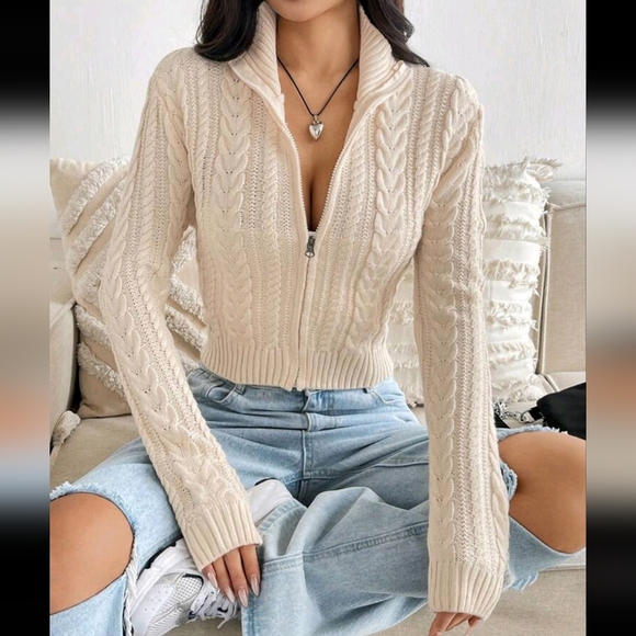 Women's Zipper Front Long Sleeve Solid Color Casual Cardigan - Picture 1 of 4